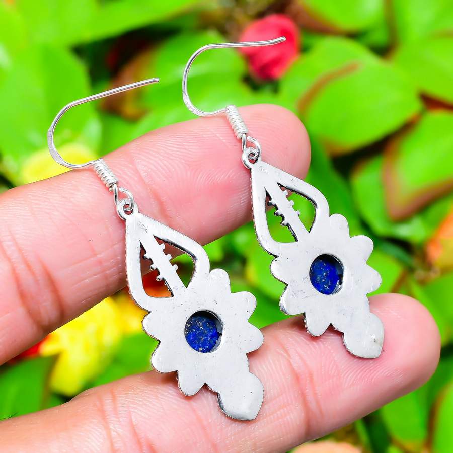 Natural Lapis Lazuli Gemstone 925 Sterling Silver Gift Earring 2.09" Z8c74