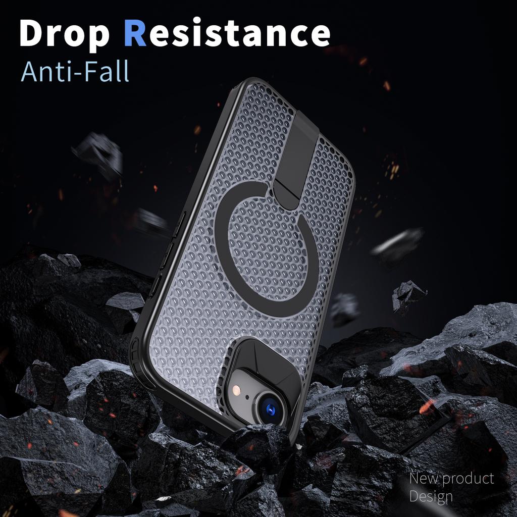 For iPhone 16e Magnetic Case Kickstand Grid Texture TPU PC Phone Back Cover