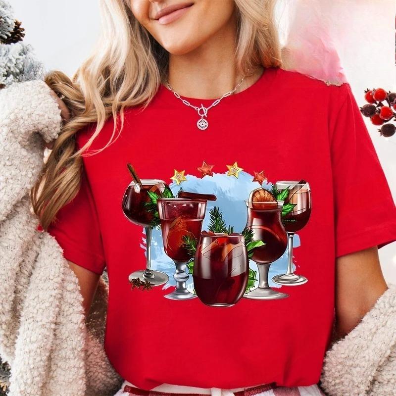 Christmas Lights Red Wine Glass Women T-shirt Fashion Christmas Drinking Party Tops Harajuku Casual Aesthetic Women Party Tops