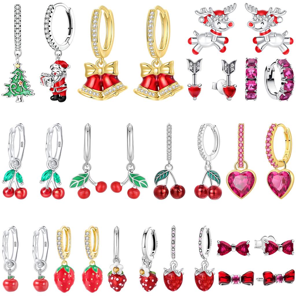 Luxury 925 Silver Santa Claus Bell Hoop Earrings Red Heart Bow Fruit Stud Earring For Women Christmas Fine Jewelry Gift