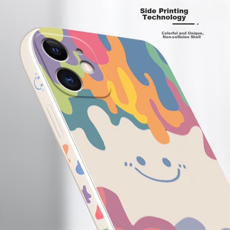 Liquid Silicone Case for IPhone 12, Protective Cover with Painted Creative Design, Shockproof Soft Smiley Face], 6.1 Inch, White