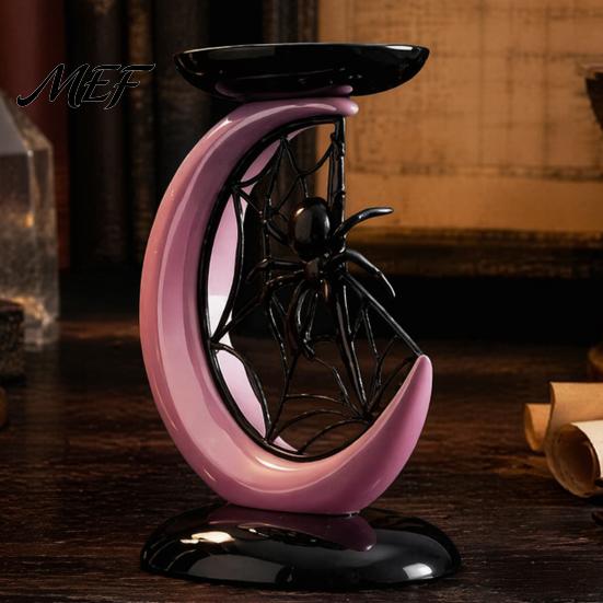Dark Aesthetic Table Centerpiece Halloween Pink Moon Spider Candle Holder, Sweet Tray for Niche Decorations Pillar Candles, Gothic Resin Tabletop