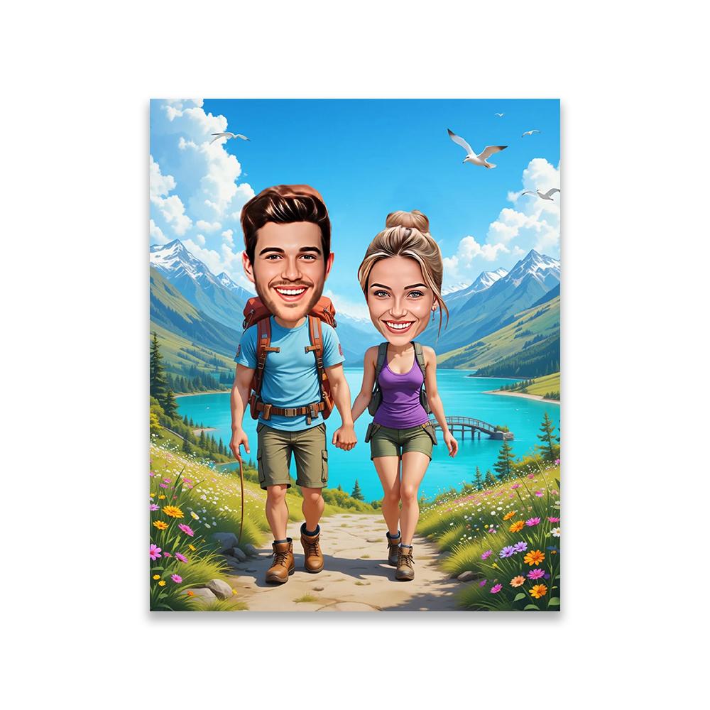 Personalized Couple Hiking Cartoon Poster Hiking Portrait Cartoon Caricature Canvas Painting Lovers Birthday Bedroom Decoration