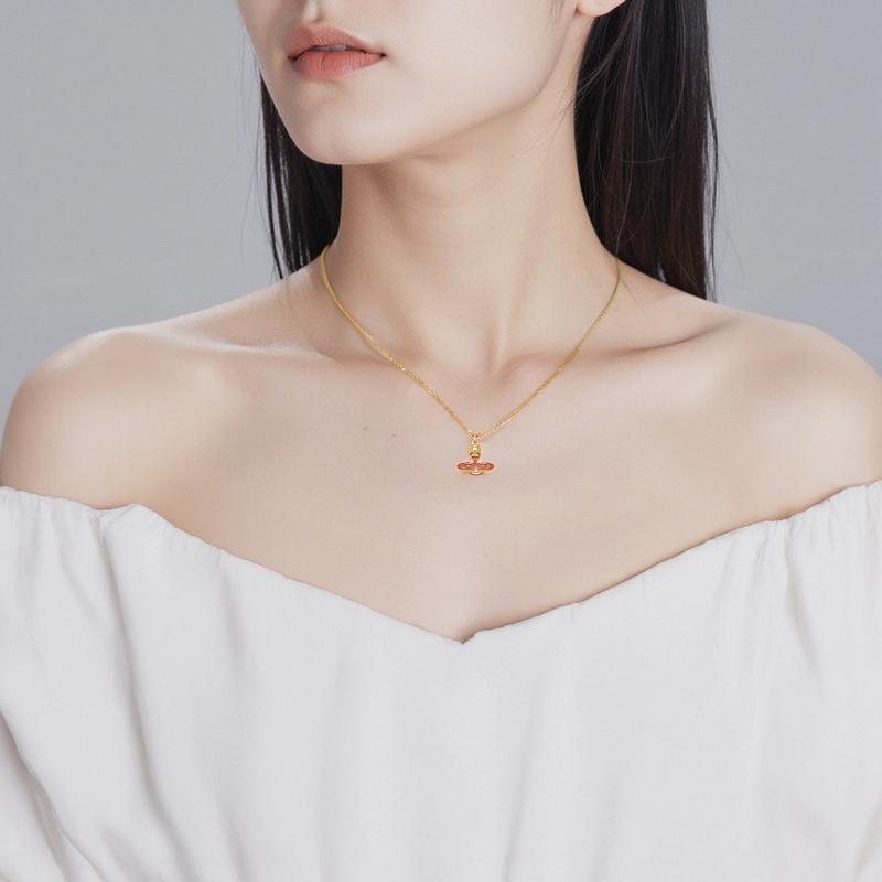 Vivienne Westwood Pink Saturn Sign Enamel Brass Necklace Women's Gold 63020322-02R730-CN