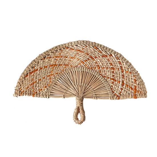 Handmade Straw Weaving Fan Natural Sea Grass Raffia Hand Fan Semicircular Woven Palm Leaf Handheld Fan Summer Cooling Fan Wedding Party Decoration