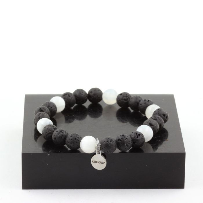 Stones and Minerals. Bracelet Selenite Beads from Morocco + Lava 8 Mm. Made In France.