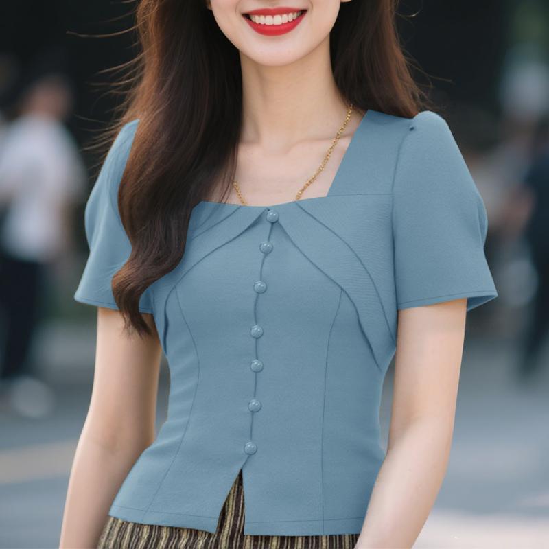 ZANZEA Женская блузка с квадратным вырезом, летняя, повседневная, с коротким рукавом, приталенная