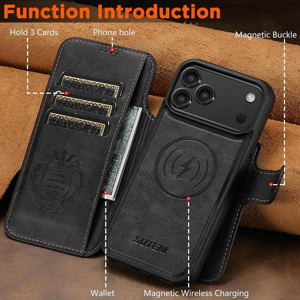 SUTENI Q-05 For iPhone 17 Pro Wallet Case 2 in 1 Detachable Leather Flip Phone Cover with Stand