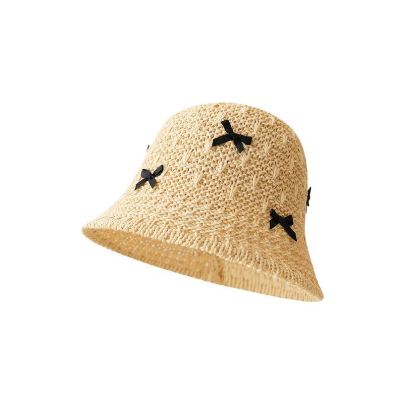 Spring and summer bow straw hat travel sweet Korea Dongdaemun seaside sunscreen hat cute bucket hat girl
