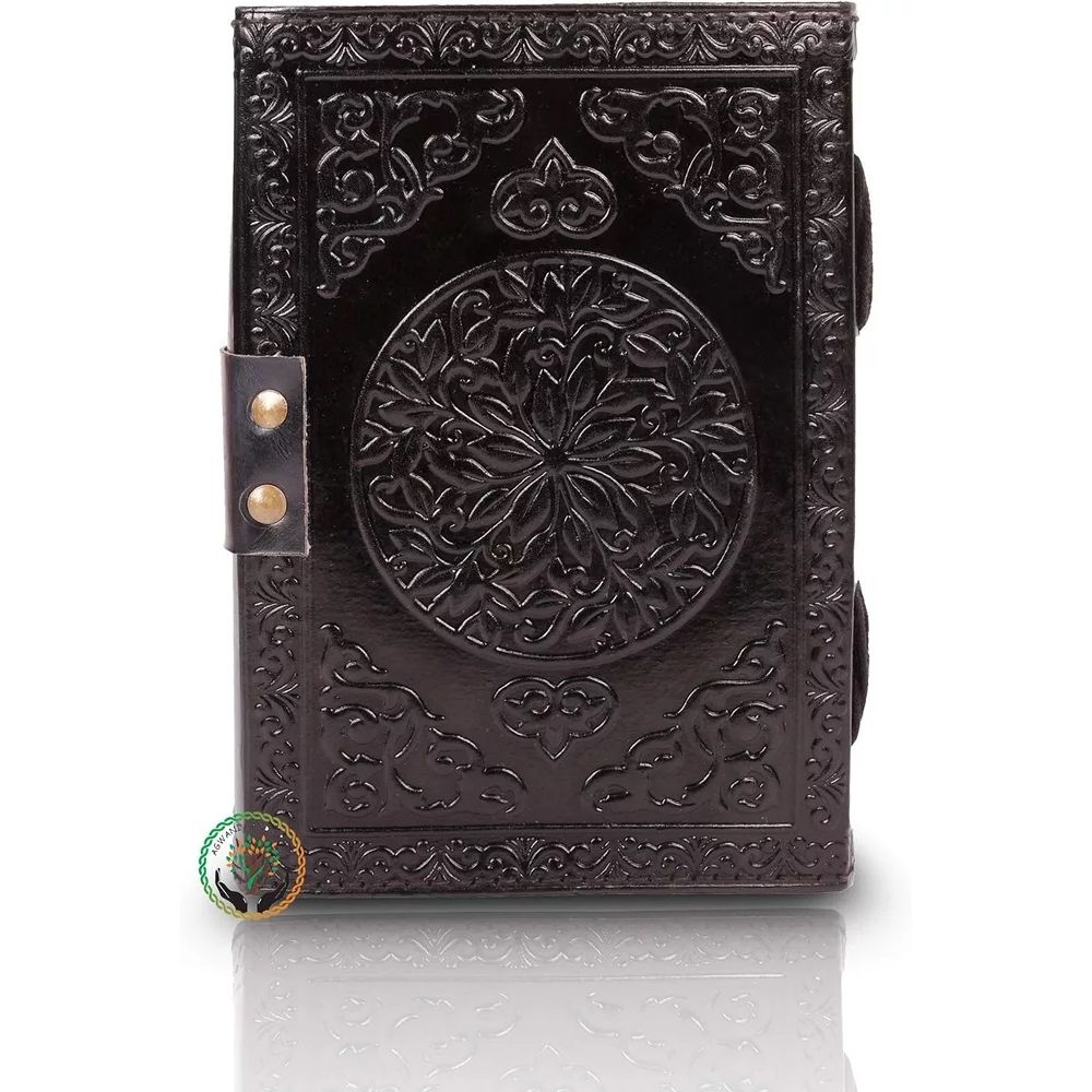 Vintage Leather Journal Semi Precious Witch Stone Black Triple Moon Design-Lock