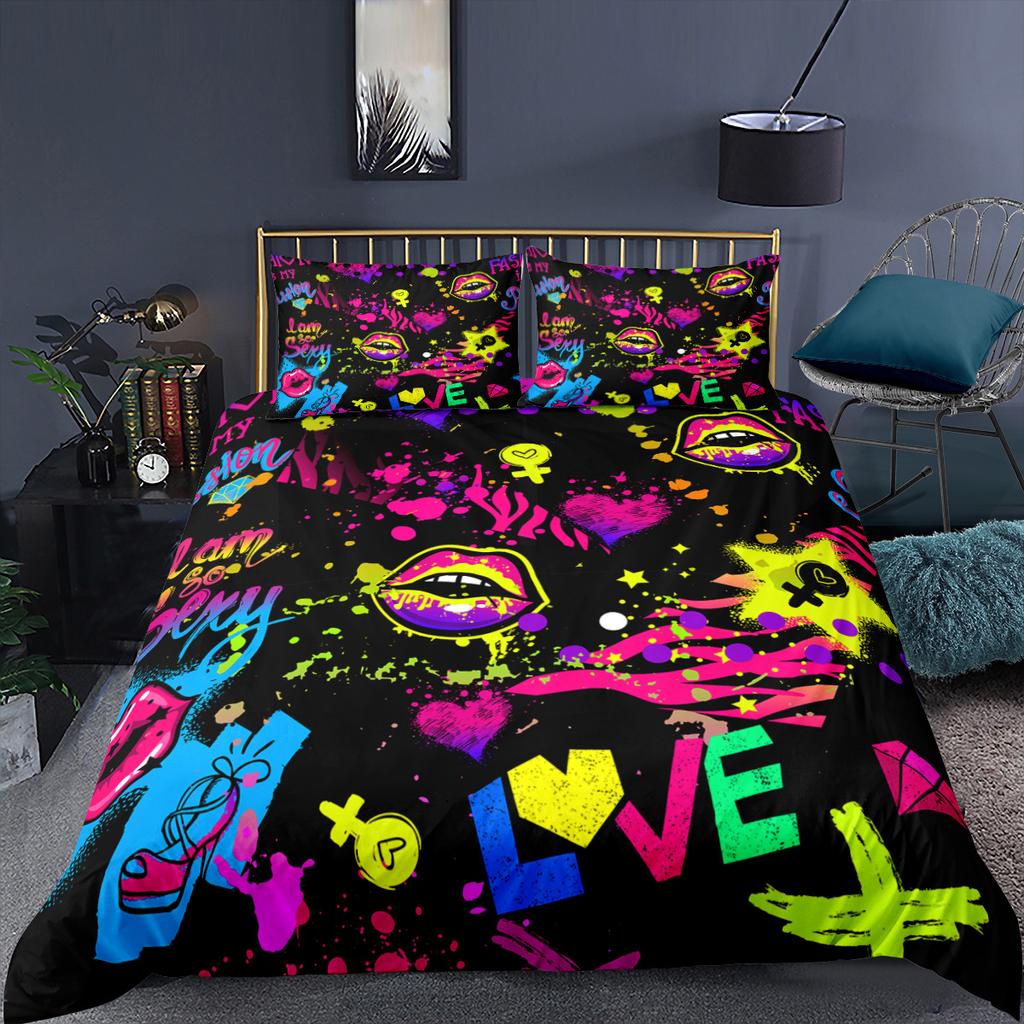 3D Color Lip Print Bedding Set Deluxe Home Bedroom Quilt Cover and Pillowcase Microfiber Material 2/3 Bedding Decoration