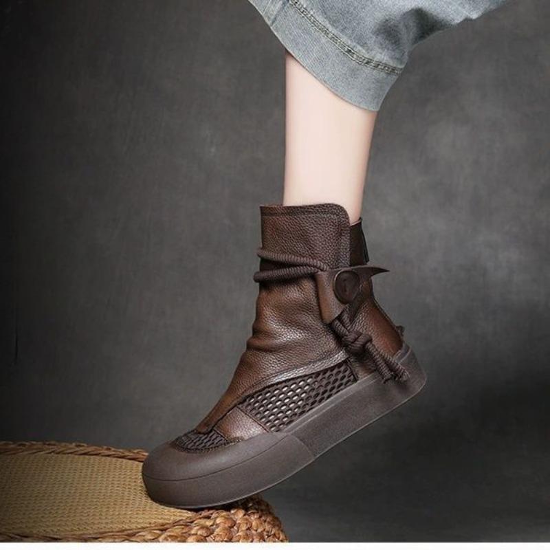 Ретро-ботинки Hollow Out Cool для женщин, толстая подошва, настоящая мягкая кожа, повседневная губчатая подошва, закрытый носок, короткие сетчатые ботинки