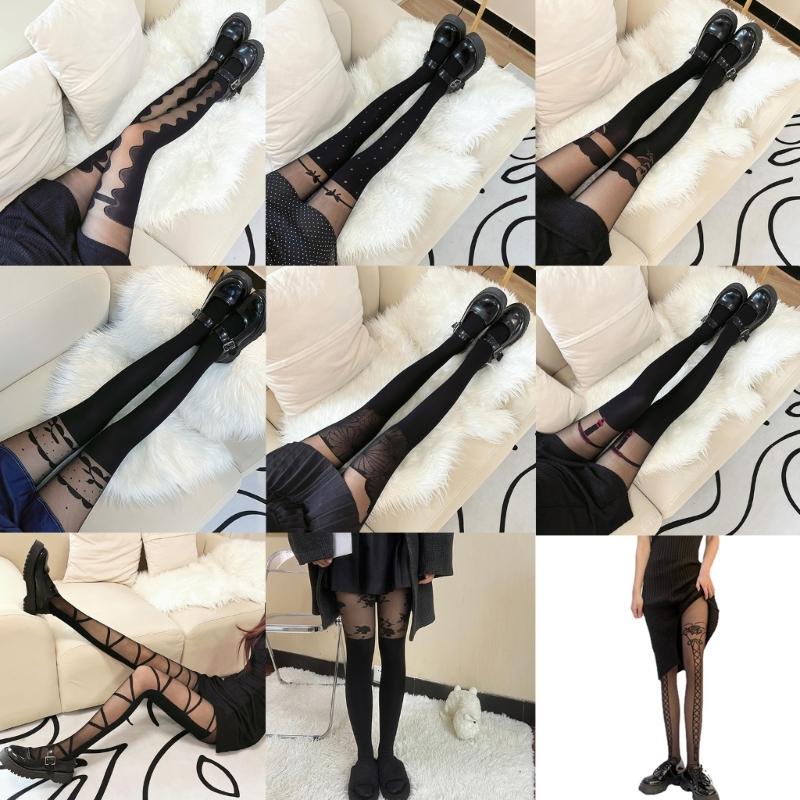 Women Jacquard Pattern Patchwork Mock Suspender Tights Sexy Faux Thigh High Socks JK Girls Black Pantyhose Stockings