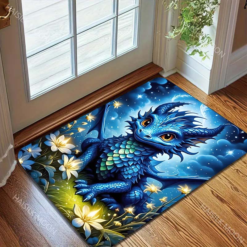 Multiple sizes Blue dragon with glowing flowers Print Carpet Rug for Living Room Bedroom Sofa Doormat Home Decor Non-slip Mat