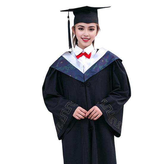 Bachelor Uniform with Hat V Neck Knee Length Long Sleeve Hidden Button Liberal Arts Student Graduation Robe Graduation Party Clothes