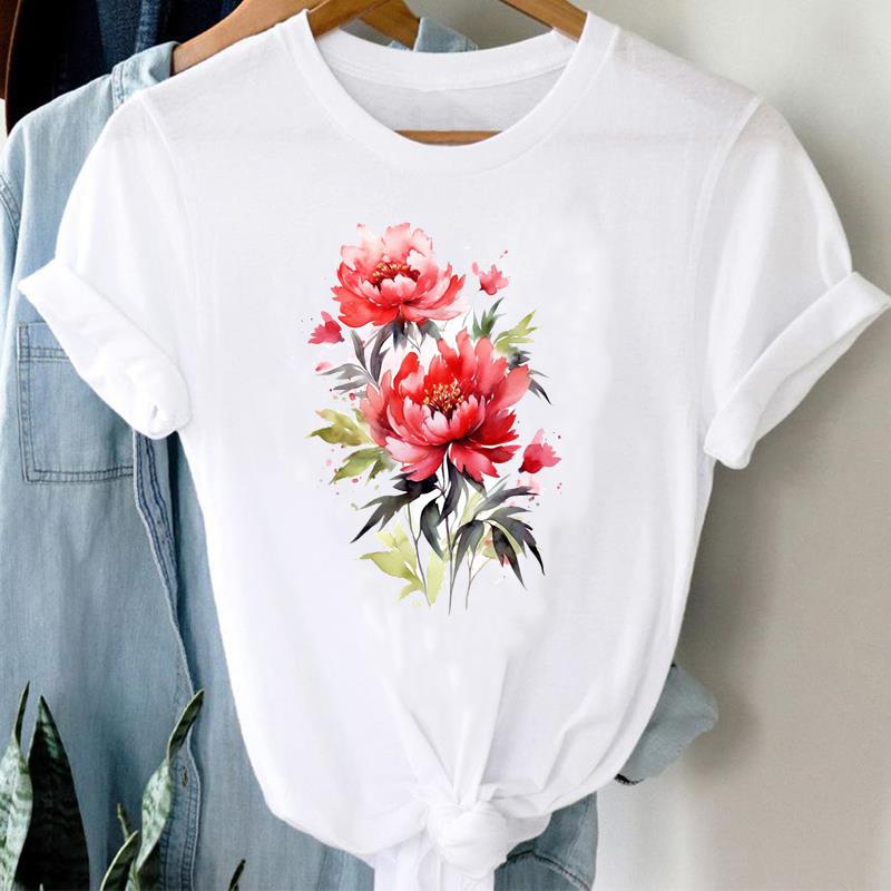 (Азиатский размер) Женская футболка с милым цветочным принтом, милая женская футболка 90-х годов, верхняя одежда, повседневная модная футболка с короткими рукавами, женские футболки с графическим рисунком