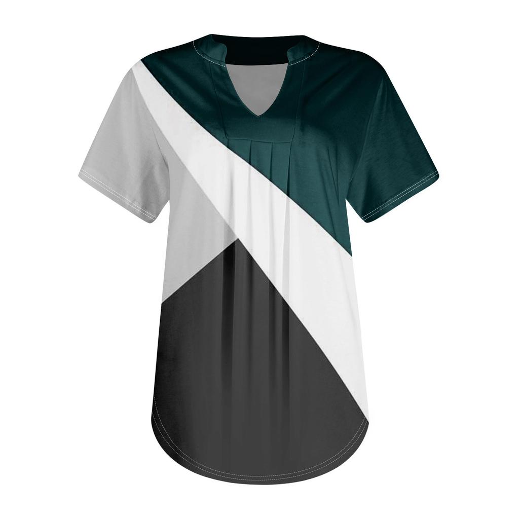 Women's Short Sleeve Casual V-neck Chest Pleated Printed Loose T-shirt Top