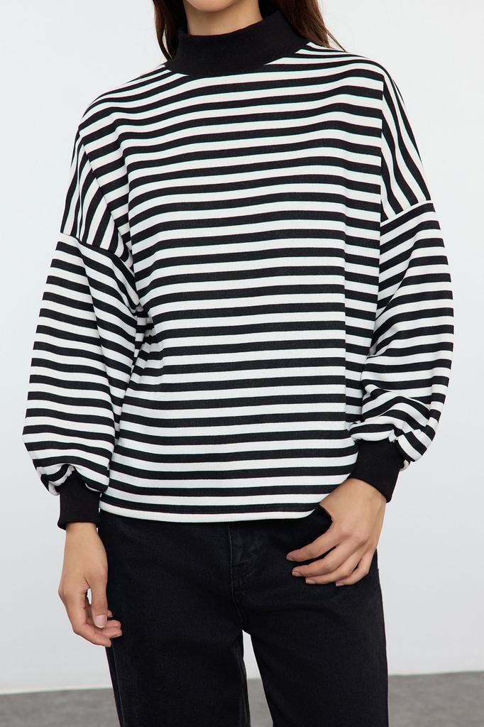 Женский модный стильный свитшот, черная базовая полосатая водолазка оверсайз, полуводолазка, толстая внутри, флисовая вязаная толстовка