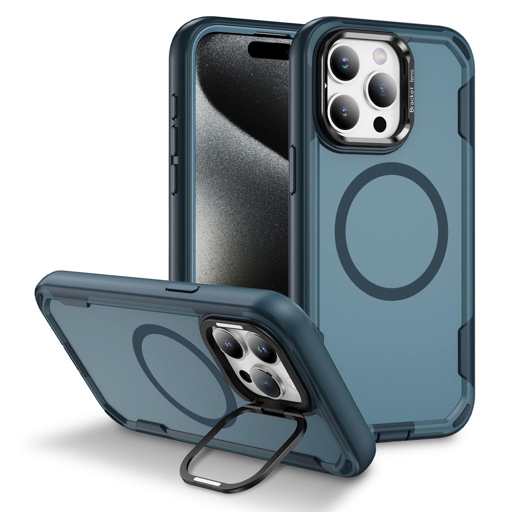 For iPhone 15 Pro Max Case Compatible with MagSafe Lens Frame Kickstand TPU+PC Shockproof Phone Cover