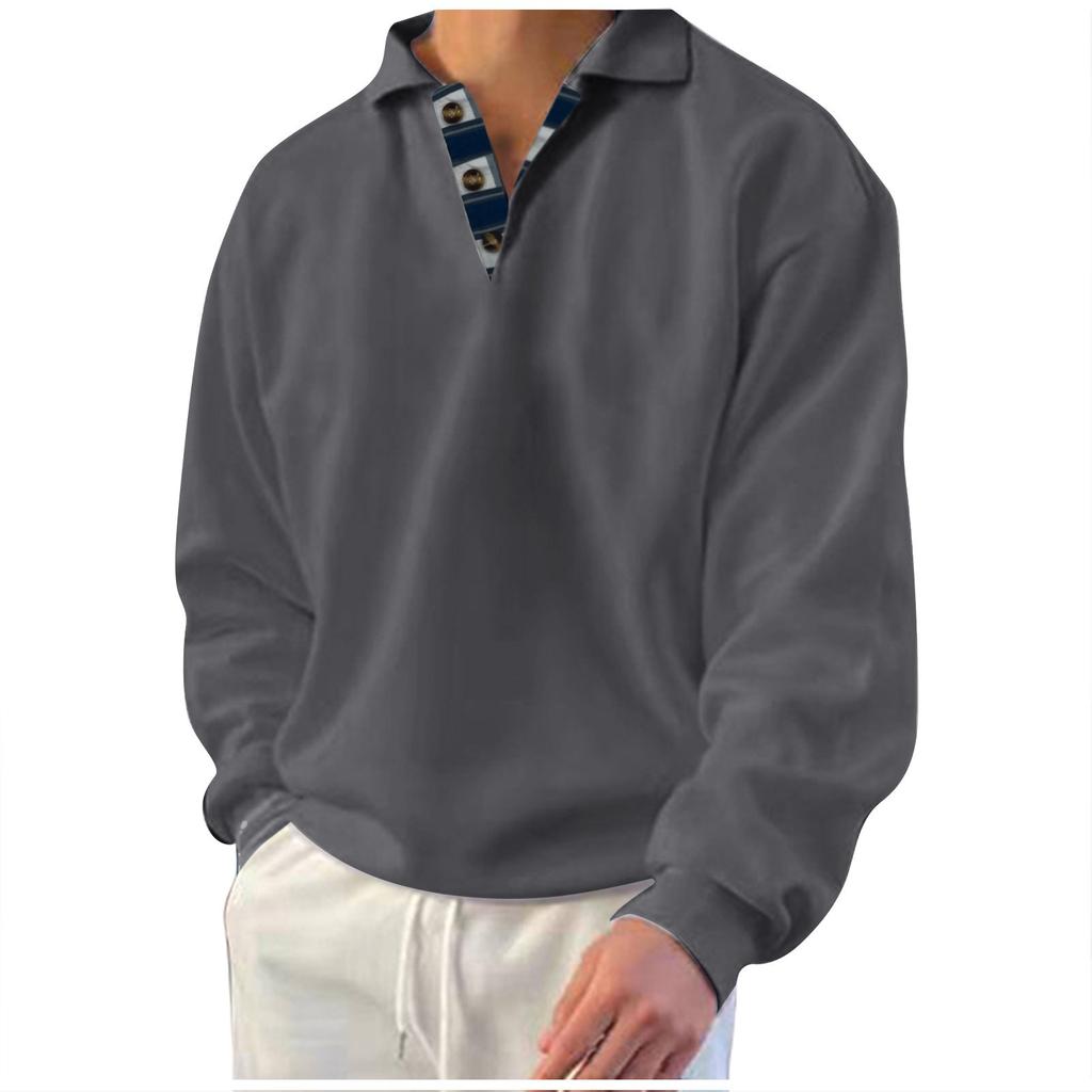 Мужская толстовка Зимняя толстовка Однотонная свободная футболка с длинным рукавом и лацканами