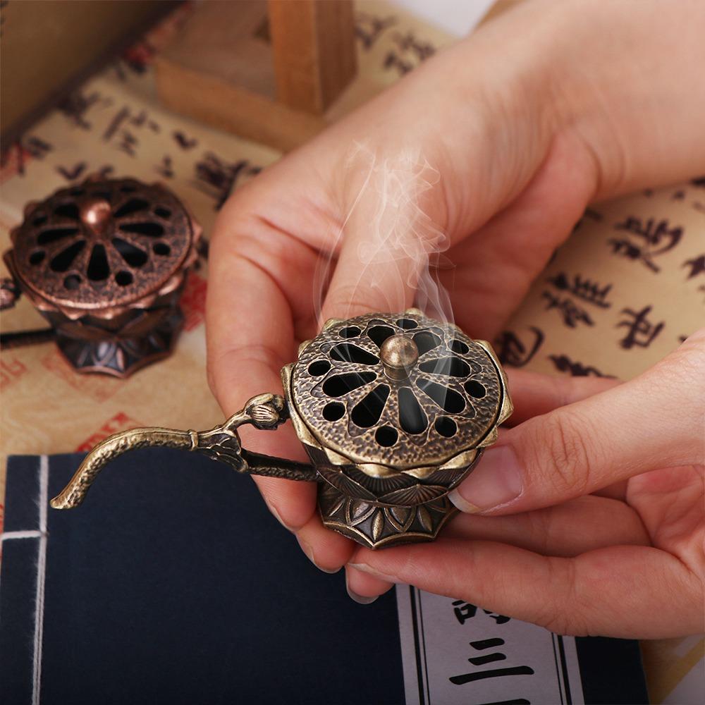 Room Decor Alloy Lotus Hand Stove Small Retro Copper Brass Incense Holder Hollow Out With Cover Incense Burner Sandalwood