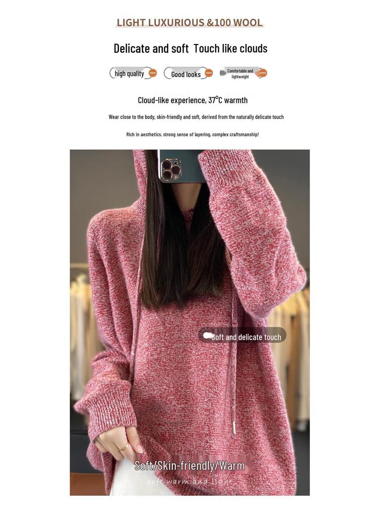Женский свитер с капюшоном из 100% шерсти: Осень/Зима Свободный Крой, Худящая Толстовка с Капюшоном