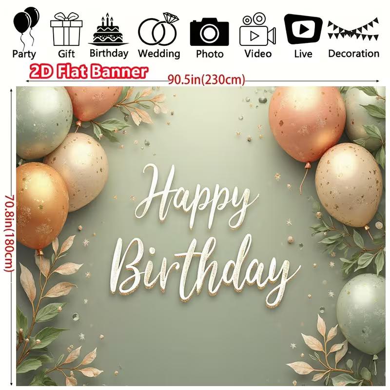 2D Sage Green Gold Birthday Photography Backdrop Party Decoration Background Cloth
