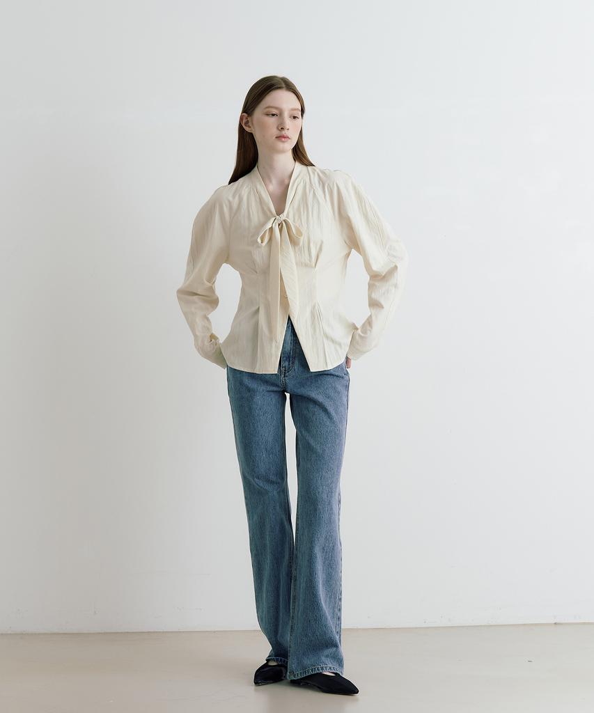ADAUL Ribbon Tie Pintuck Puff Blouse - Cream