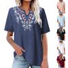 Хлопково-льняная рубашка с вышивкой, однотонная женская художественная рубашка с v-образным вырезом и короткими рукавами, летняя