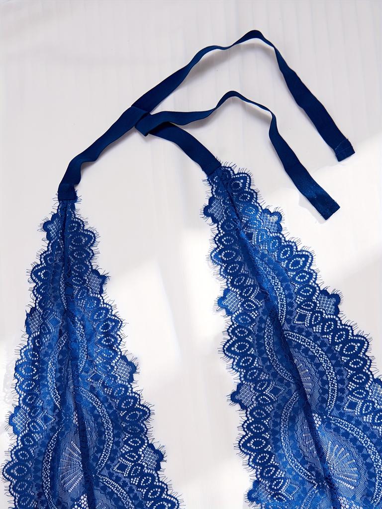 Сексуальное нижнее белье Женское кружевное халтер Синее ажурное бюстье Комплект без косточек Без спинки Без подкладки Трусики Эротические костюмы Тедди Бэбидолл Платье