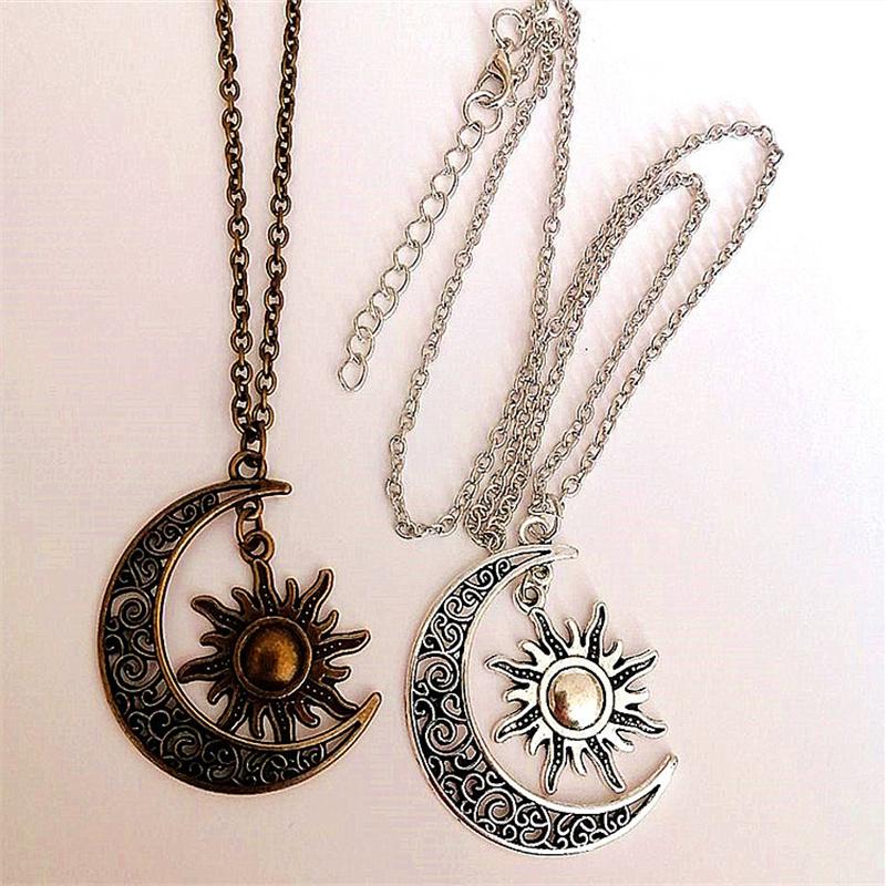 Винтажное ожерелье серебряного бронзового цвета с изображением солнца и луны, кулон в форме полумесяца, ожерелье для женщин и мужчин, ювелирные изделия с изображением Солнца и Луны, подарки