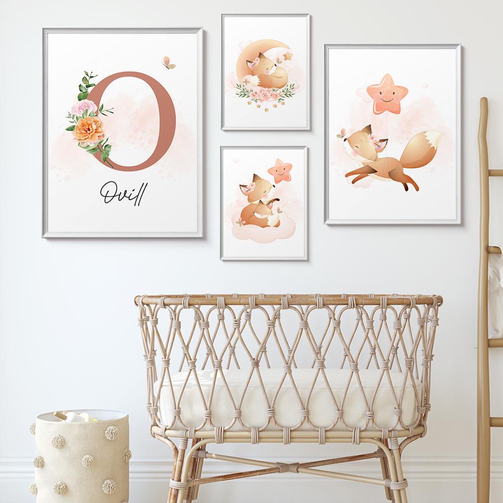 Nordic Custom Name Персонализированное Животное Лиса Настенная Живопись Холст Картина Плакаты Картина Для Детей Детская Комната Девочки Домашний Декор