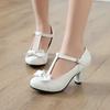 Plus Size 32-46 Girls Women High Heel Shoes Round Toe Heel Pumps Women's Platform Pumps with Bow Party Wedding Footwear T Strap