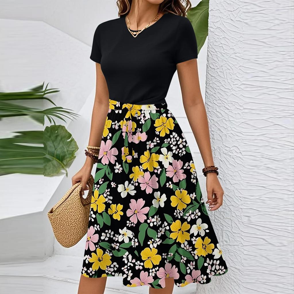 Women's Casual Fashion Belted Floral Print Short Sleeve Round Neck Elegant Dress