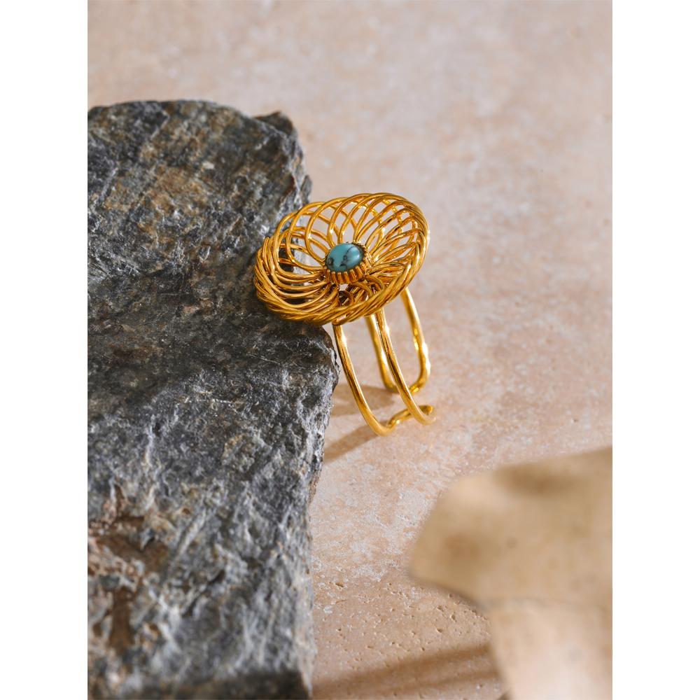 Eetit Trending Stainless Steel Natural Stone Flower Hollow Adjustable Ring 18K Golden PVD Plated 2025 Finger Jewelry Gift