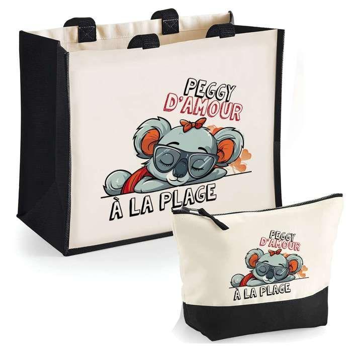Coffret Duo sac cabas & trousse - PLANETEE - Peggy d'amour à la Plage - Jute & coton - Impression DTF HD - Fabrication France