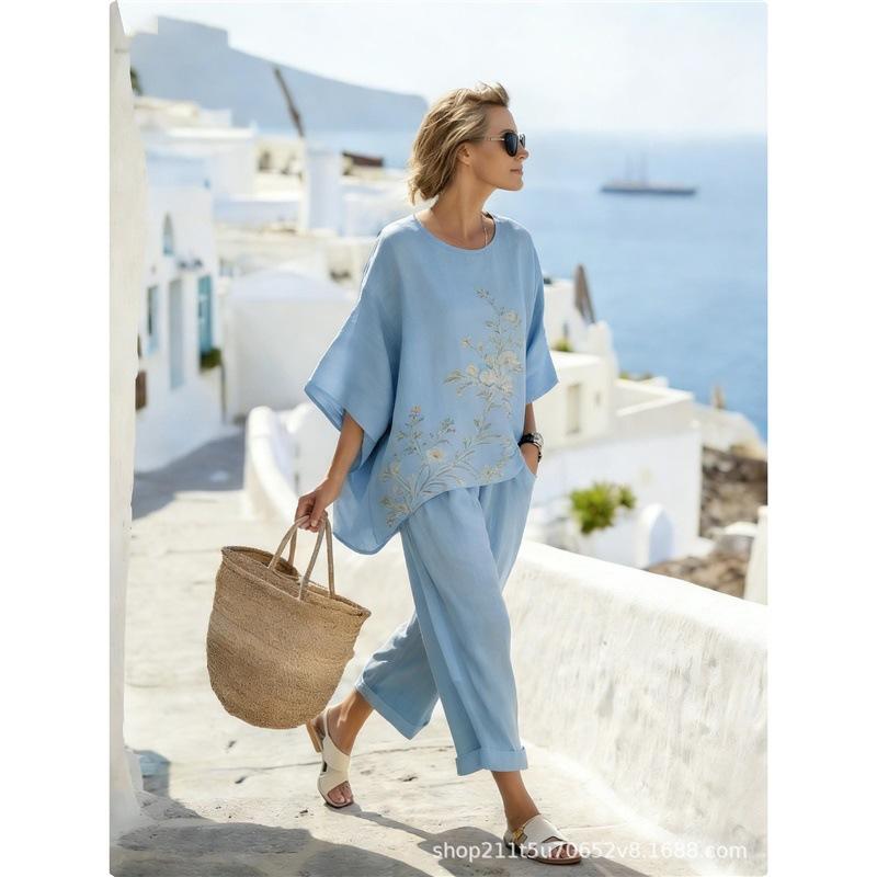 Women's casual two-piece set, loose vacation bohemian style independent sun rainbow print casual set for women