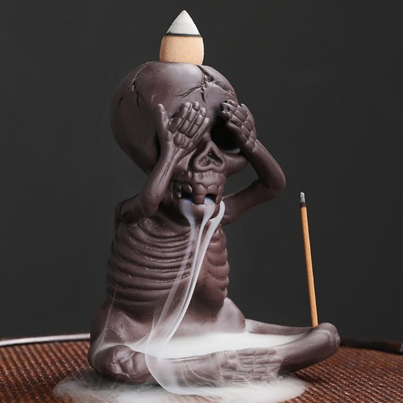 62KD Waterfalls Effect Ceramics Skull Backflow Incenses Burners Home Decorative Craft for Meditations and Home Ambiances
