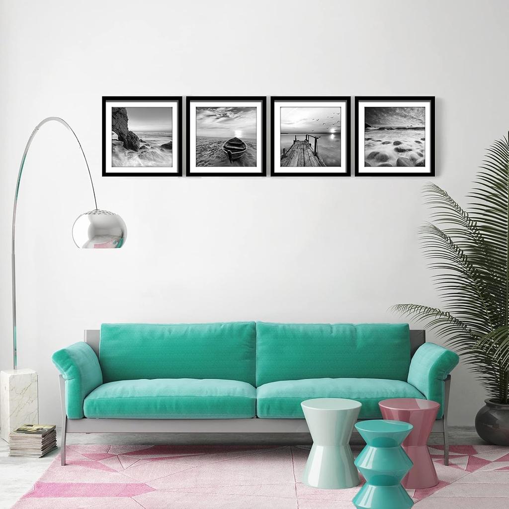 ENGLANT-4 Панели Набор Рамки Холст Печать Пейзаж Пляж и Лодка Восход Сцены Черно-белый Giclee Холст Печать Настенное Искусство Готово к Повешению