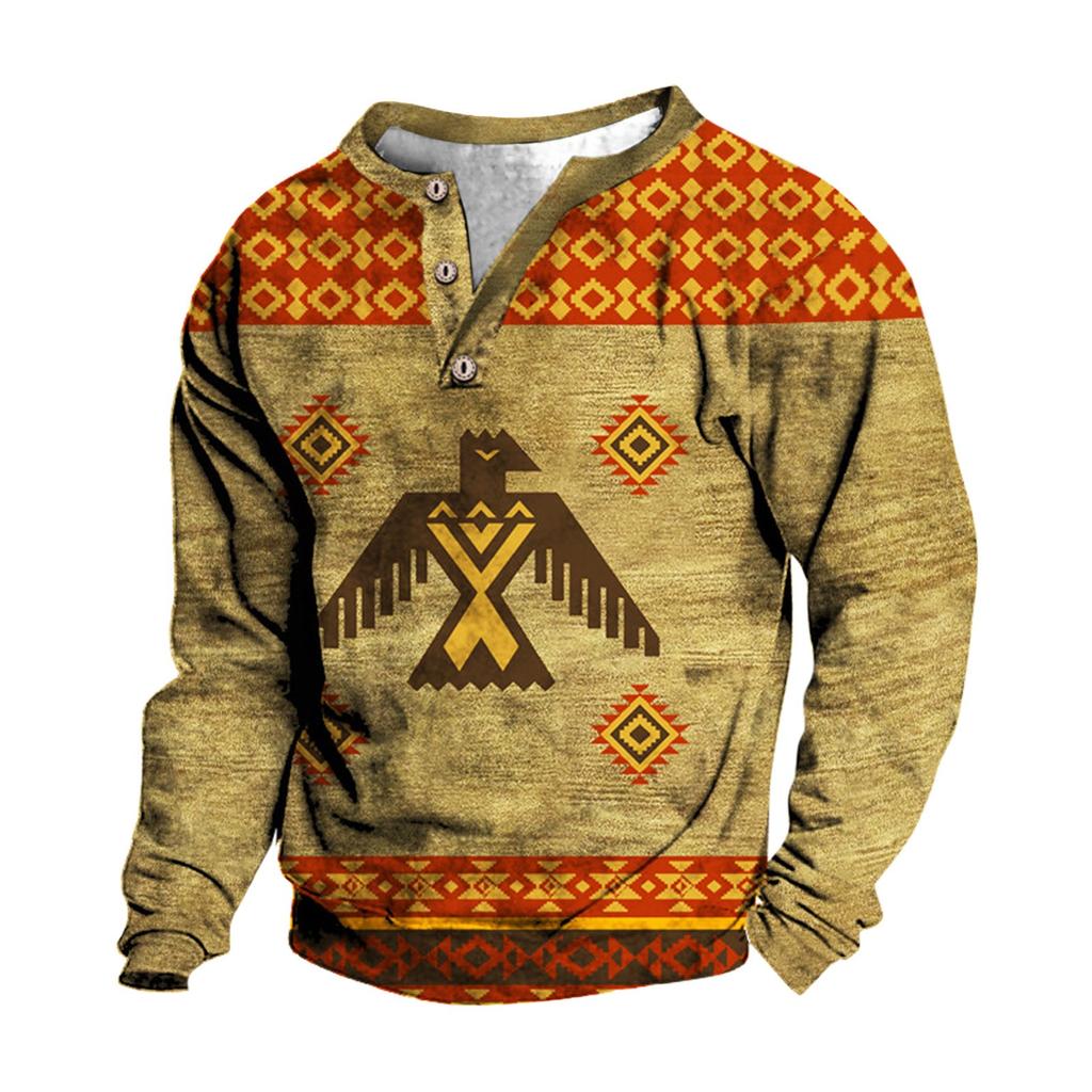 Мужской свитер с v-образным вырезом и воротником-стойкой с 3D цифровой печатью и винтажным воротником на 3 пуговицах