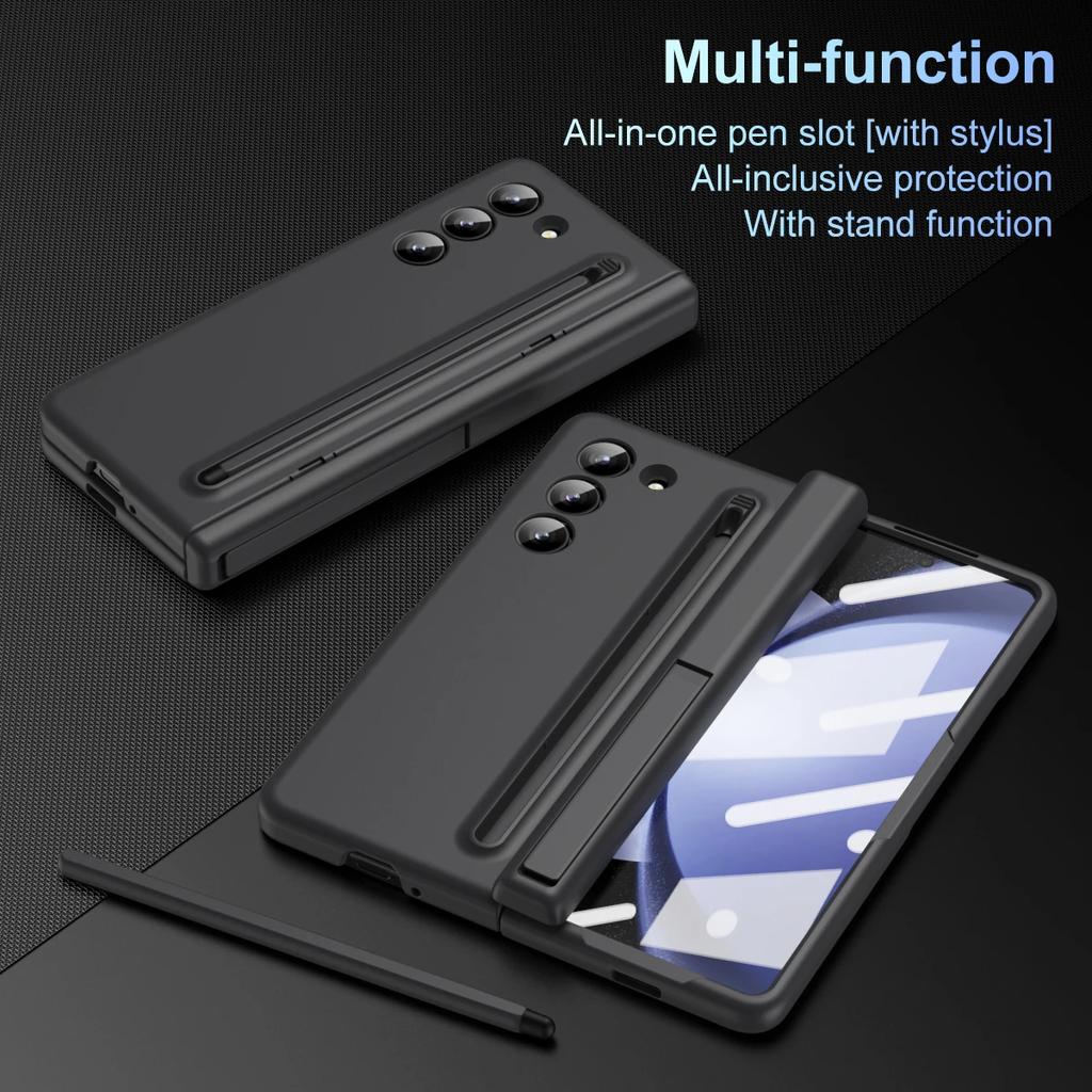 Чехол Skin Feel Matte для Samsung Galaxy Z Fold 6 5 4 3 с закаленной пленкой, слотом для ручки, конденсатором, складной шарнирной крышкой-кронштейном