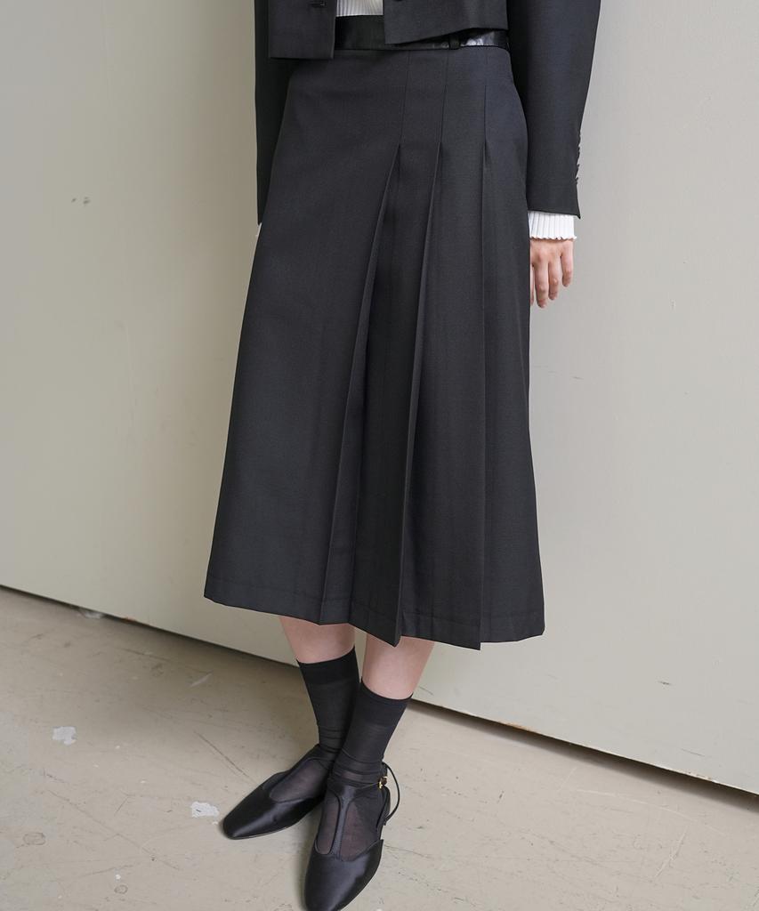 Paul And Alice Leather Band Wool Skirt / Black