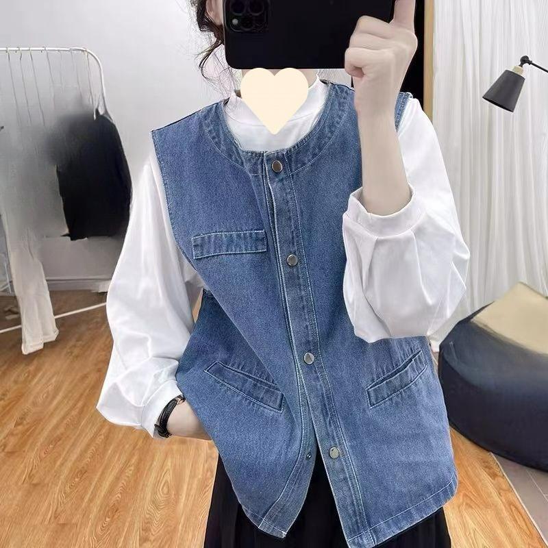 Осенний джинсовый жилет с круглым вырезом, женская свободная блузка в стиле ретро, уменьшающая возраст, универсальный жилет, куртка без рукавов