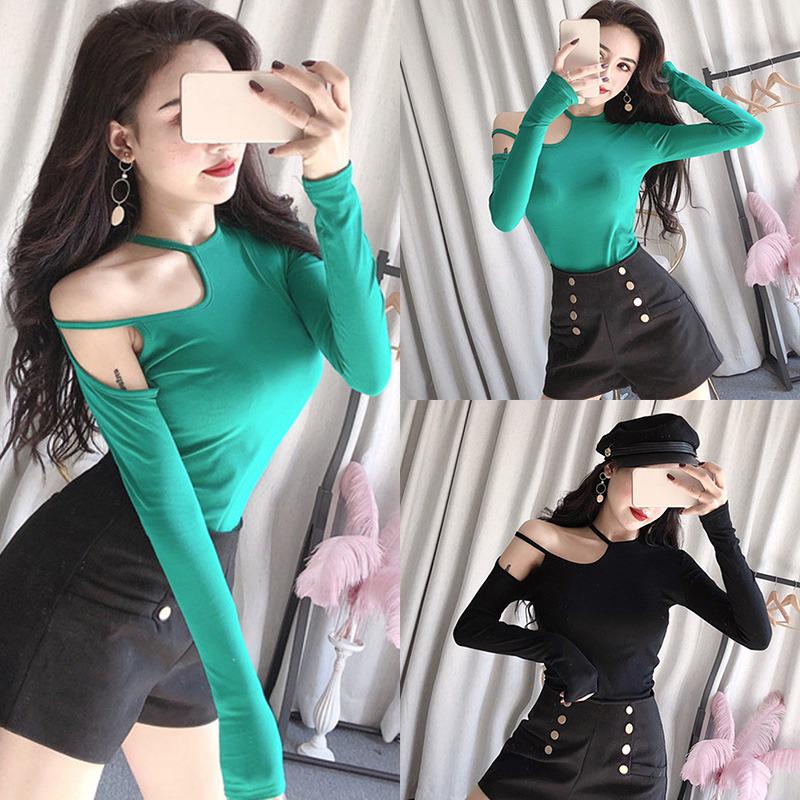 Женская футболка с асимметричным воротником и открытыми плечами, длинными рукавами