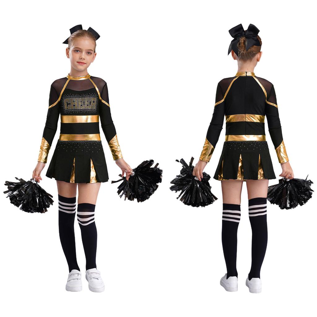 Детский танцевальный костюм Черлидинга для девочек, плиссированное платье с длинными рукавами и головным убором с бантом, комплекты цветов и носков