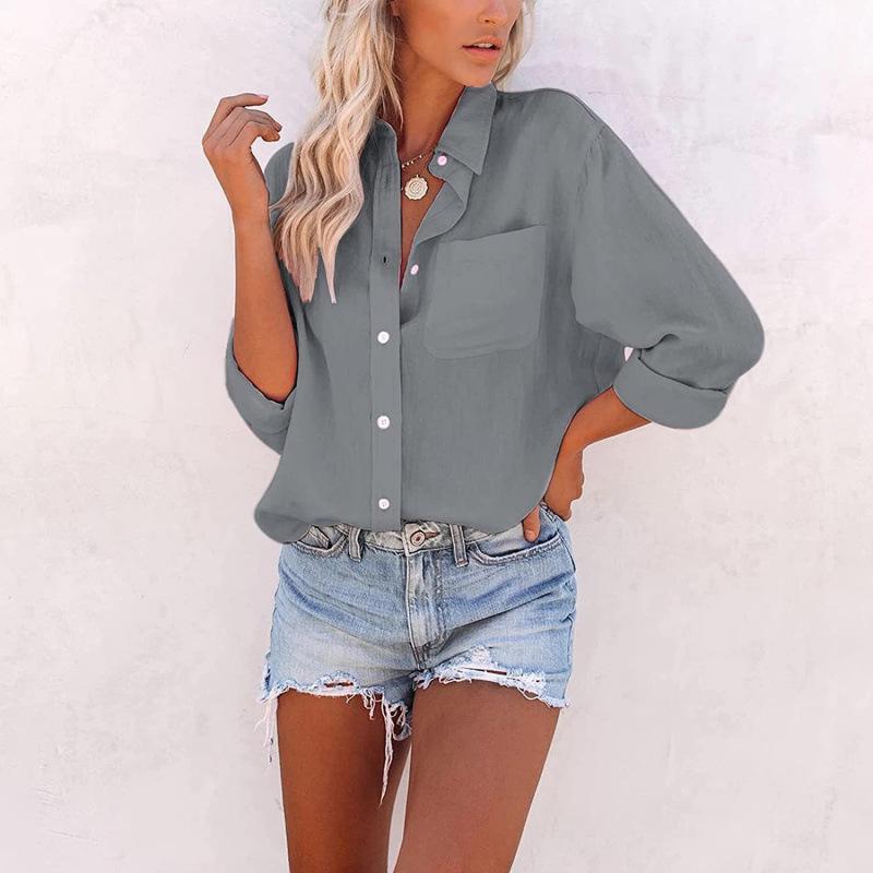 European & American Women's Solid Color Pocket Long Sleeve Loose Blouse