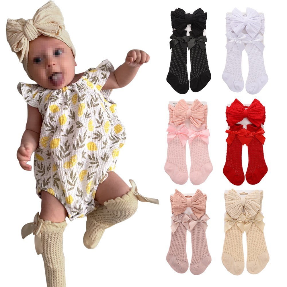 Baby girl knee-high socks with bow headband, cotton socks, ruffled long socks, newborn and toddler, 0-3 years