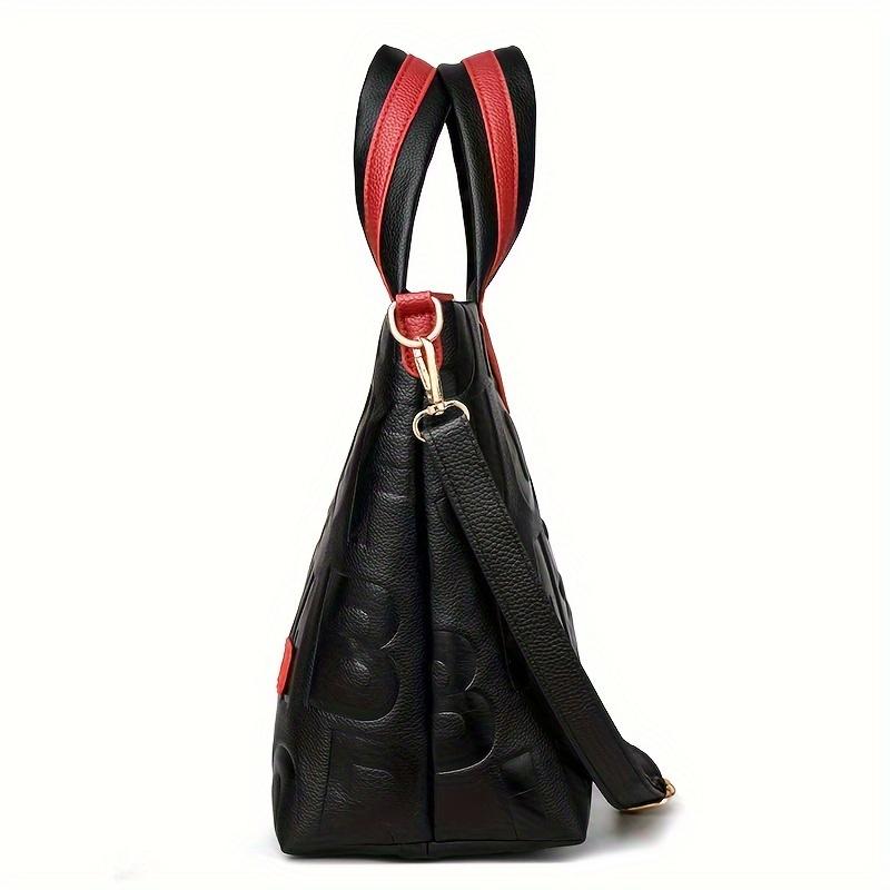 Stylish Letter Embossed Handbag, Color Contrast Crossbody Bag, Women's Top Handle Tote Bag Shoulder Purse