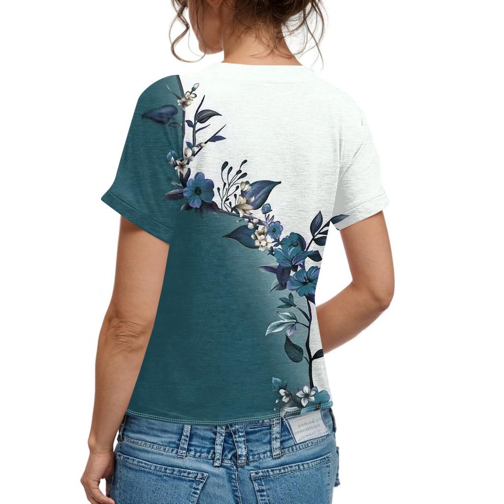 Женская модная повседневная футболка с короткими рукавами и V-образным вырезом, цветочным принтом и застежкой на пуговицы