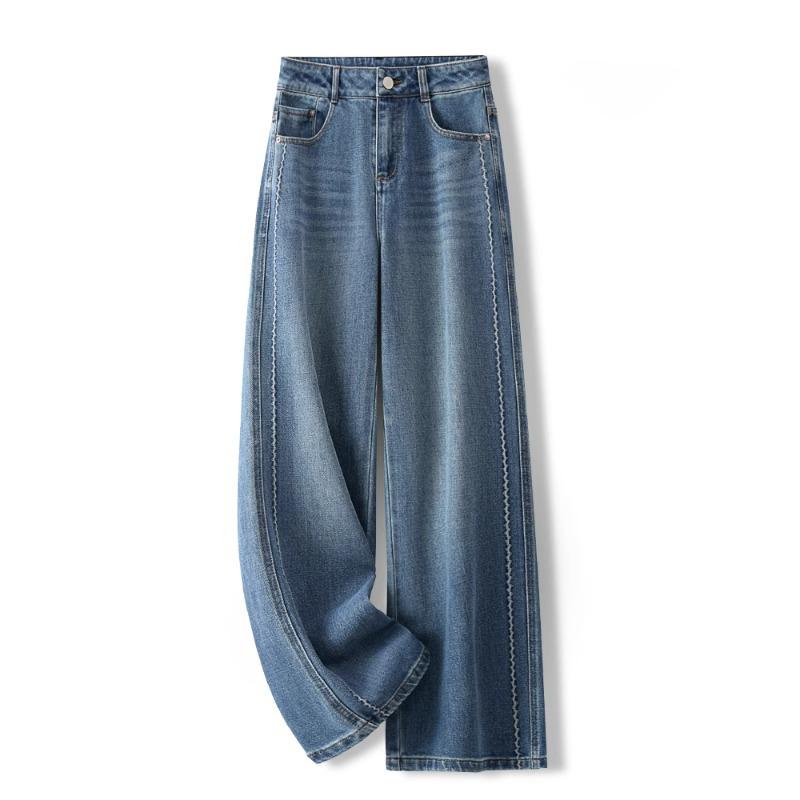 Женские ретро джинсы с высокой талией и широкими штанинами - Синие, стройнящие, больших размеров (Весна/Осень 2025)